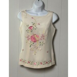 Dujusinian Women's Cream Silk Embroidered Floral Sleeveless Blouse Side Zip Sz M